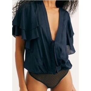 Free People Call Me Later Bodysuit Layered Flutter Slv Navy Size 4 Plunging Neck